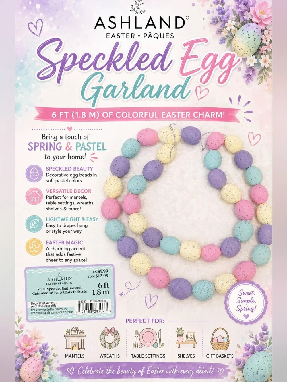 🌞Ashland Pastel Speckled Egg Garland in Pink, Purple, Blue, Cream 6ft